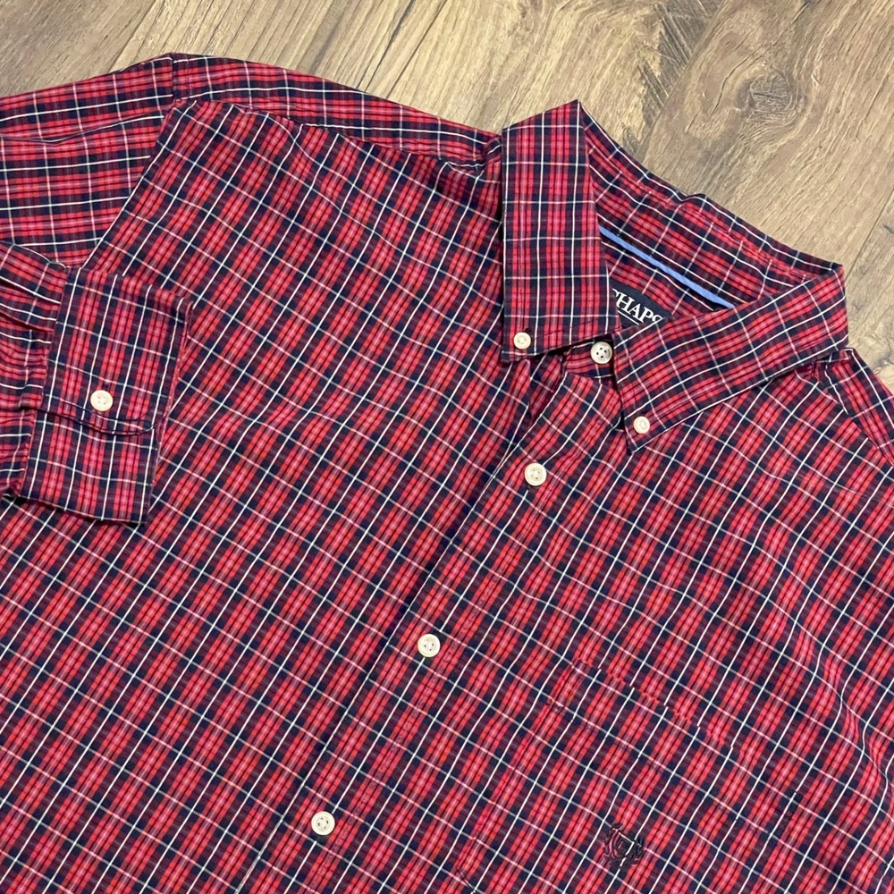Chaps Mens 2XLT Red Navy Blue Plaid Stretch Easy Care Button Down Shirt Tall